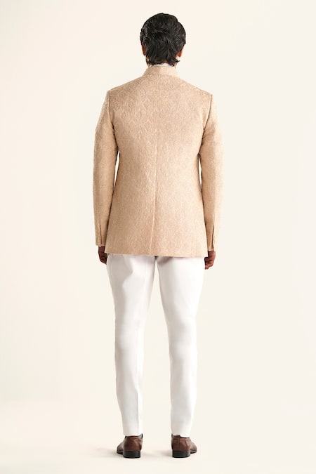 Shop Raghavendra Rathore Jodhpur Pink Linen, Silk Embroidery The Sanganeri Bandhgala at Aza Fashions Shop_Raghavendra Rathore Jodhpur_Pink Linen, Silk Embroidery The Sanganeri Bandhgala _at_Aza_Fashions