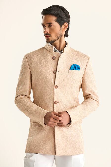 Raghavendra Rathore Jodhpur Pink Linen, Silk Embroidery The Sanganeri Bandhgala at Aza Fashions Raghavendra Rathore Jodhpur_Pink Linen, Silk Embroidery The Sanganeri Bandhgala _at_Aza_Fashions