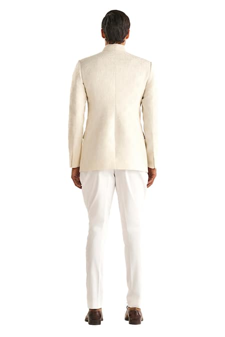 Raghavendra Rathore Jodhpur_Off White Linen, Silk Embroidery The Mahtab Woven Bandhgala _Online_at_Aza_Fashions