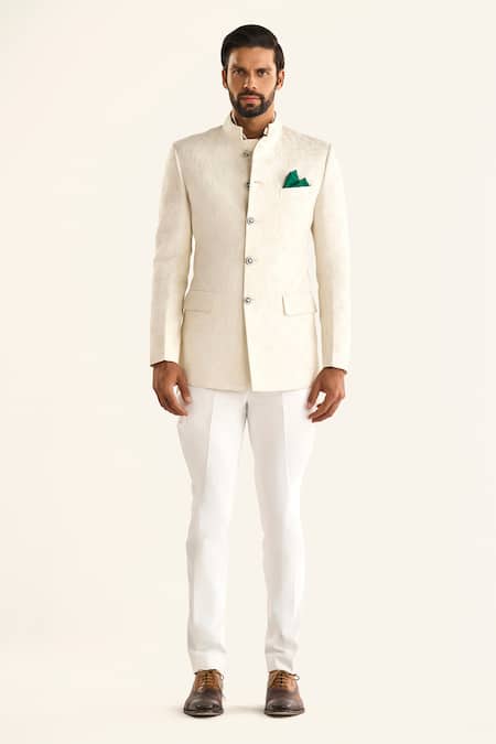 Buy_Raghavendra Rathore Jodhpur_Off White Linen, Silk Embroidery The Mahtab Woven Bandhgala _Online_at_Aza_Fashions