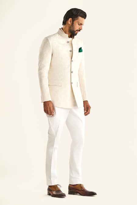 Shop_Raghavendra Rathore Jodhpur_Off White Linen, Silk Embroidery The Mahtab Woven Bandhgala _Online_at_Aza_Fashions