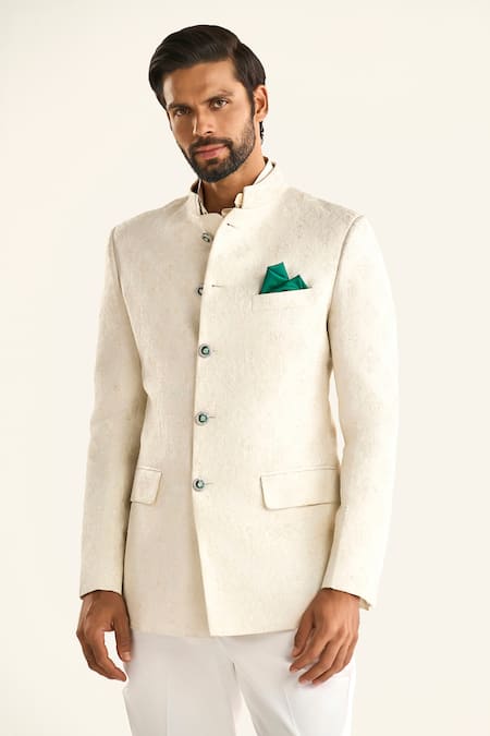 Raghavendra Rathore Jodhpur_Off White Linen, Silk Embroidery The Mahtab Woven Bandhgala _at_Aza_Fashions