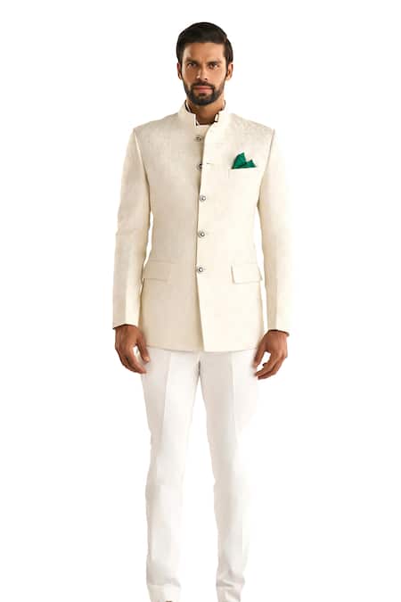 Buy_Raghavendra Rathore Jodhpur_Off White Linen, Silk Embroidery The Mahtab Woven Bandhgala 