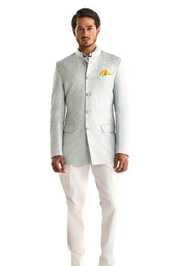 Shop Raghavendra Rathore Jodhpur Blue Linen Sequins, Embroidery The Foliage Bandhgala Online at Aza Fashions Shop_Raghavendra Rathore Jodhpur_Blue Linen Sequins, Embroidery The Foliage Bandhgala _Online_at_Aza_Fashions