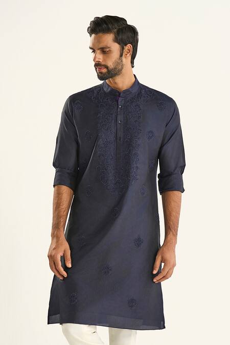 Shop Raghavendra Rathore Jodhpur Blue Silk Embroidery The Moonstone Kurta Online at Aza Fashions Shop_Raghavendra Rathore Jodhpur_Blue Silk Embroidery The Moonstone Kurta _Online_at_Aza_Fashions