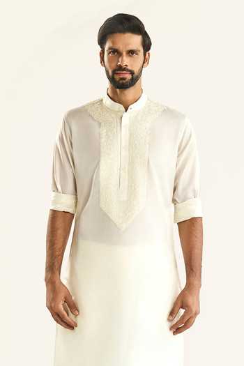 Buy_Raghavendra Rathore Jodhpur_Off White Silk Embroidery The Parchinkari Kurta _Online_at_Aza_Fashions