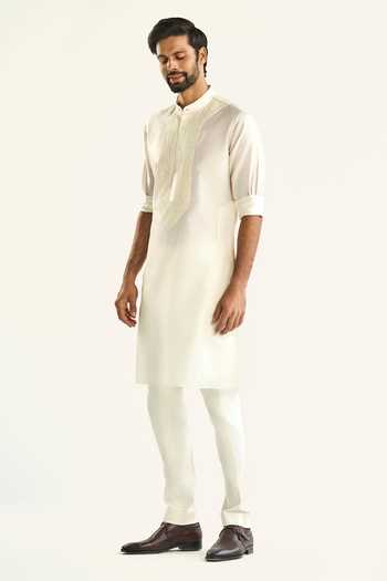 Shop_Raghavendra Rathore Jodhpur_Off White Silk Embroidery The Parchinkari Kurta _Online_at_Aza_Fashions