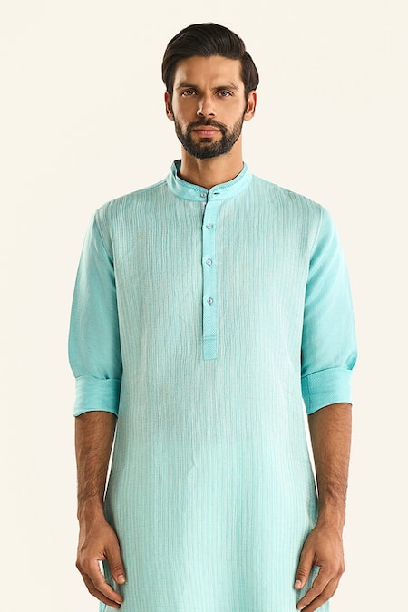 Raghavendra Rathore Jodhpur_Blue Linen, Silk The Jharokha Woven Stripe Kurta _Online_at_Aza_Fashions