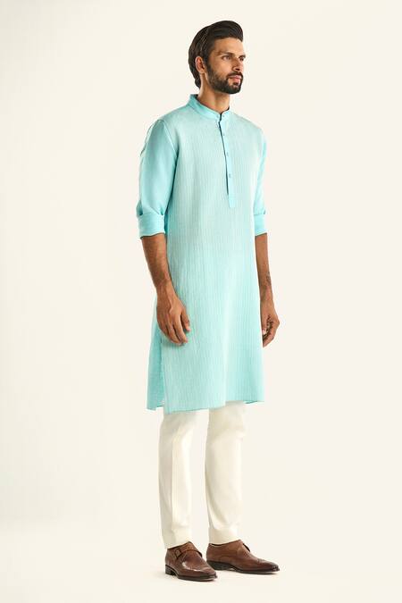 Buy_Raghavendra Rathore Jodhpur_Blue Linen, Silk The Jharokha Woven Stripe Kurta _Online_at_Aza_Fashions