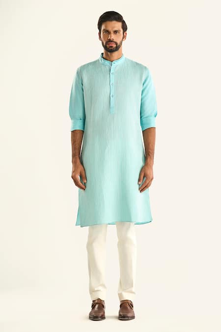 Shop_Raghavendra Rathore Jodhpur_Blue Linen, Silk The Jharokha Woven Stripe Kurta _Online_at_Aza_Fashions