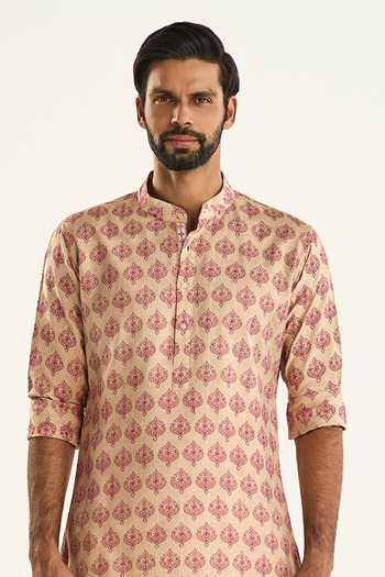 Raghavendra Rathore Jodhpur_Pink Silk Embroidery The Bageecha Printed Kurta _Online_at_Aza_Fashions