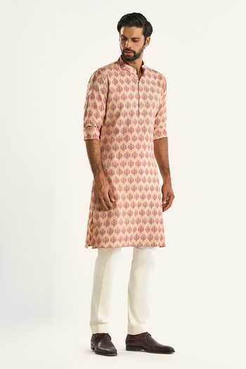 Shop_Raghavendra Rathore Jodhpur_Pink Silk Embroidery The Bageecha Printed Kurta _Online_at_Aza_Fashions