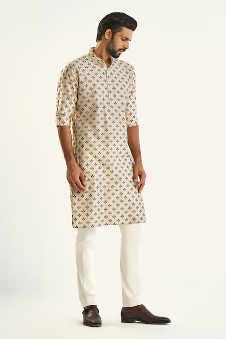 Shop_Raghavendra Rathore Jodhpur_Off White Silk, Chanderi Embroidery The Bedazzled Noir Printed Kurta _Online_at_Aza_Fashions