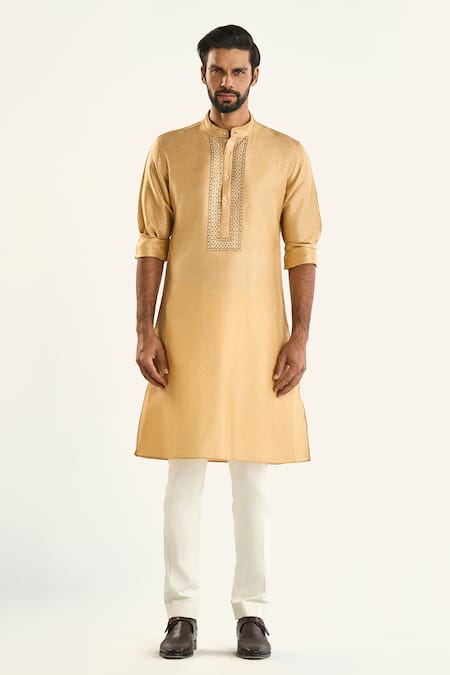 Raghavendra Rathore Jodhpur_Gold Silk Embroidery The Junagarh Woven Kurta _Online_at_Aza_Fashions
