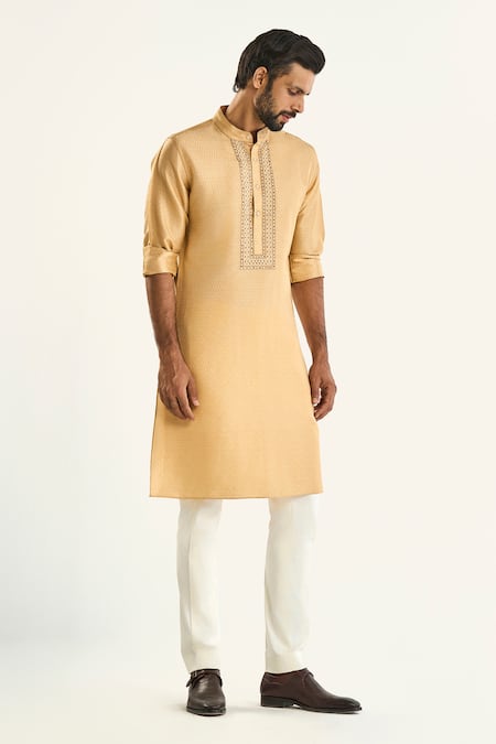 Buy_Raghavendra Rathore Jodhpur_Gold Silk Embroidery The Junagarh Woven Kurta _Online_at_Aza_Fashions