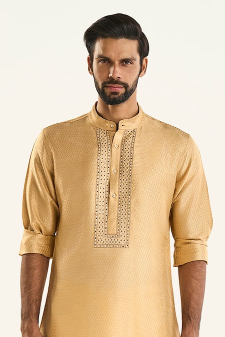 Shop_Raghavendra Rathore Jodhpur_Gold Silk Embroidery The Junagarh Woven Kurta _Online_at_Aza_Fashions