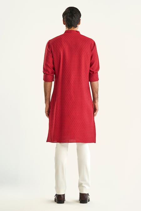 Shop Raghavendra Rathore Jodhpur Maroon Viscose, Jacquard Embroidery The Qila Floral Jaal Kurta at Aza Fashions Shop_Raghavendra Rathore Jodhpur_Maroon Viscose, Jacquard Embroidery The Qila Floral Jaal Kurta _at_Aza_Fashions
