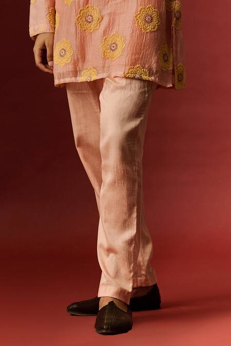 Nafs_Peach Chanderi, Cotton Embroidery Floral Hand Kurta And Pant Set _Online_at_Aza_Fashions