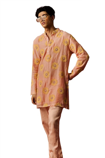 Buy_Nafs_Peach Chanderi, Cotton Embroidery Floral Hand Kurta And Pant Set _Online_at_Aza_Fashions