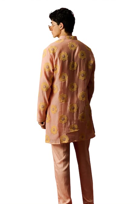 Shop_Nafs_Peach Chanderi, Cotton Embroidery Floral Hand Kurta And Pant Set _Online_at_Aza_Fashions