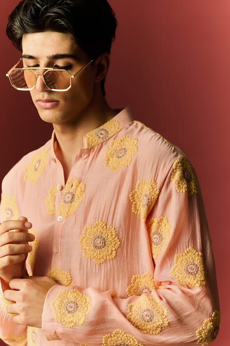 Nafs_Peach Chanderi, Cotton Embroidery Floral Hand Kurta And Pant Set _at_Aza_Fashions