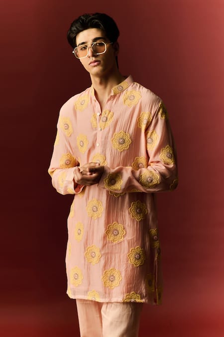 Buy_Nafs_Peach Chanderi, Cotton Embroidery Floral Hand Kurta And Pant Set 