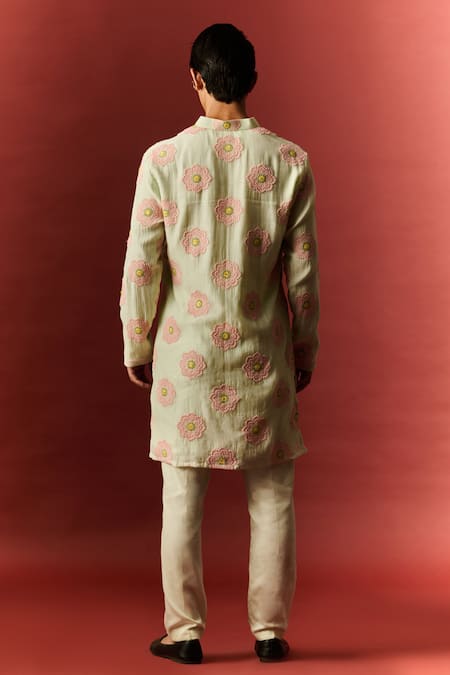 Shop_Nafs_Blue Chanderi, Cotton Embroidery Floral Hand Kurta With Pant _at_Aza_Fashions