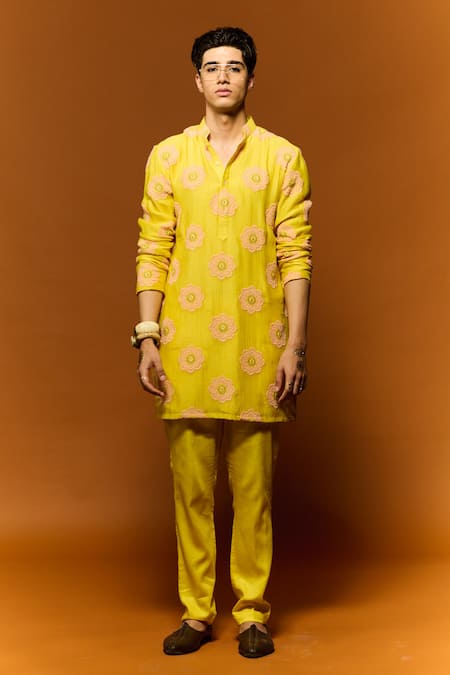 Buy_Nafs_Yellow Chanderi, Cotton Embroidery Floral Thread Hand Kurta And Pant Set _Online_at_Aza_Fashions