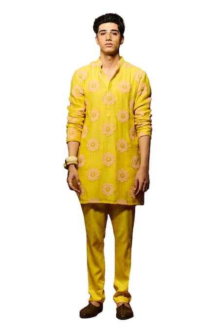 Shop_Nafs_Yellow Chanderi, Cotton Embroidery Floral Thread Hand Kurta And Pant Set _Online_at_Aza_Fashions
