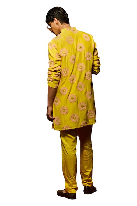 Nafs_Yellow Chanderi, Cotton Embroidery Floral Thread Hand Kurta And Pant Set _at_Aza_Fashions