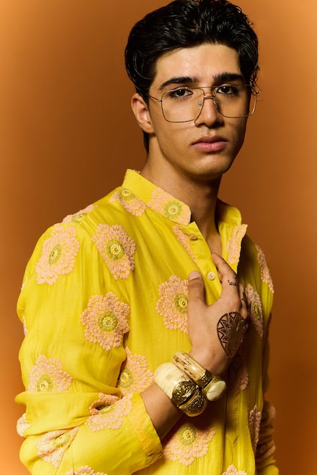 Buy_Nafs_Yellow Chanderi, Cotton Embroidery Floral Thread Hand Kurta And Pant Set 