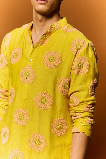 Shop_Nafs_Yellow Chanderi, Cotton Embroidery Floral Thread Hand Kurta And Pant Set 