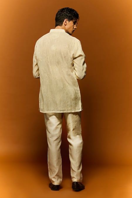 Shop Nafs Ivory Chanderi, Cotton Embroidery Rose Thread Hand Kurta And Pant Set at Aza Fashions Shop_Nafs_Ivory Chanderi, Cotton Embroidery Rose Thread Hand Kurta And Pant Set _at_Aza_Fashions