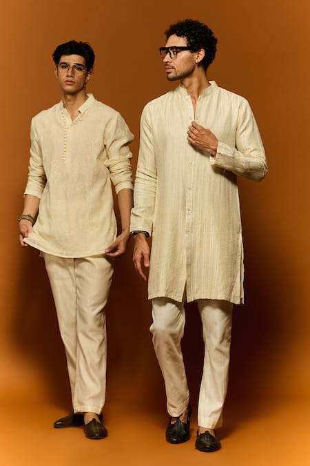 Nafs Ivory Chanderi, Cotton Embroidery Rose Thread Hand Kurta And Pant Set Online at Aza Fashions Nafs_Ivory Chanderi, Cotton Embroidery Rose Thread Hand Kurta And Pant Set _Online_at_Aza_Fashions