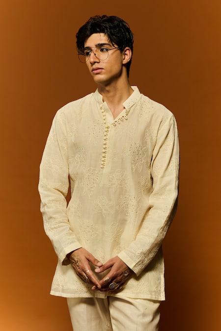 Nafs Ivory Chanderi, Cotton Embroidery Rose Thread Hand Kurta And Pant Set at Aza Fashions Nafs_Ivory Chanderi, Cotton Embroidery Rose Thread Hand Kurta And Pant Set _at_Aza_Fashions