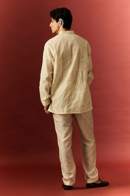 Shop_Nafs_Ivory Chanderi, Cotton Pearls Hand Embroidered Kurta And Pant Set _at_Aza_Fashions