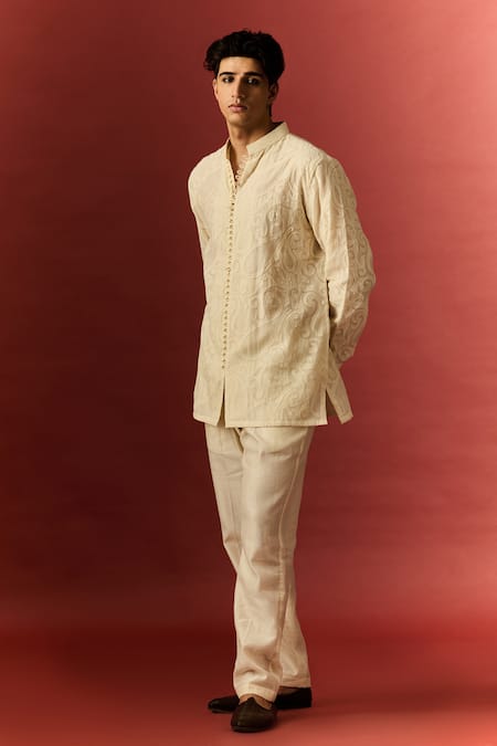 Nafs_Ivory Chanderi, Cotton Pearls Hand Embroidered Kurta And Pant Set _Online_at_Aza_Fashions