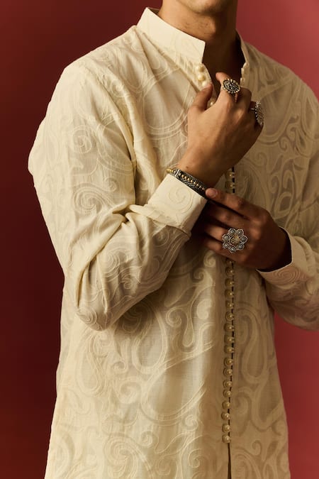 Shop_Nafs_Ivory Chanderi, Cotton Pearls Hand Embroidered Kurta And Pant Set _Online_at_Aza_Fashions