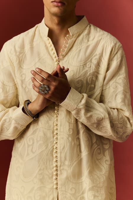 Nafs_Ivory Chanderi, Cotton Pearls Hand Embroidered Kurta And Pant Set _at_Aza_Fashions