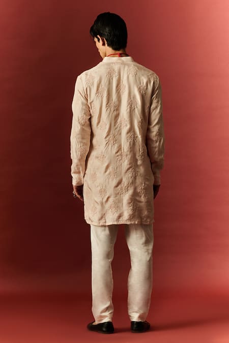 Shop Nafs Peach Silk, Cotton Embroidery Lucknowi Chikankari Hand Kurta at Aza Fashions Shop_Nafs_Peach Silk, Cotton Embroidery Lucknowi Chikankari Hand Kurta _at_Aza_Fashions