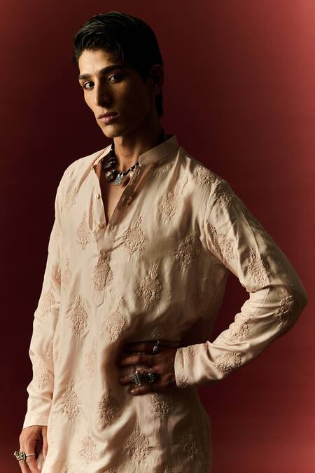 Nafs Peach Silk, Cotton Embroidery Lucknowi Chikankari Hand Kurta Online at Aza Fashions Nafs_Peach Silk, Cotton Embroidery Lucknowi Chikankari Hand Kurta _Online_at_Aza_Fashions