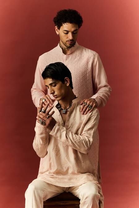 Buy Nafs Peach Silk, Cotton Embroidery Lucknowi Chikankari Hand Kurta Online at Aza Fashions Buy_Nafs_Peach Silk, Cotton Embroidery Lucknowi Chikankari Hand Kurta _Online_at_Aza_Fashions