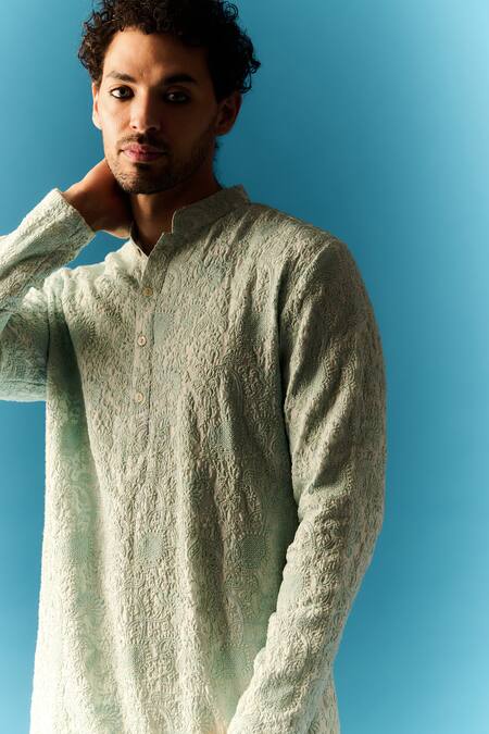 Nafs Blue Silk, Cotton Embroidery Hand Lucknowi Chikankari Kurta Online at Aza Fashions Nafs_Blue Silk, Cotton Embroidery Hand Lucknowi Chikankari Kurta _Online_at_Aza_Fashions