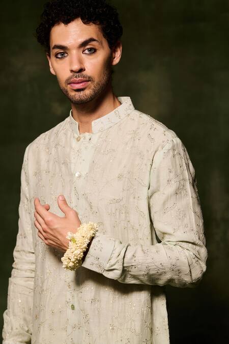 Shop Nafs Blue Chanderi, Cotton Embroidery Zari Floral Hand Kurta With Pant Online at Aza Fashions Shop_Nafs_Blue Chanderi, Cotton Embroidery Zari Floral Hand Kurta With Pant _Online_at_Aza_Fashions