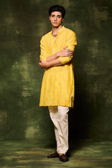 NAFS Yellow Kurta And Pant Chanderi Maheswari Hand Embroidered Butta With 