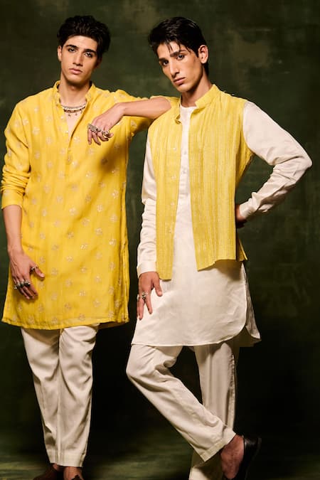 Nafs_Yellow Chanderi, Cotton Embroidery Hand Kurta With Pant _Online_at_Aza_Fashions