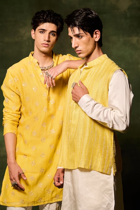 Buy_Nafs_Yellow Chanderi, Cotton Embroidery Hand Kurta With Pant _Online_at_Aza_Fashions
