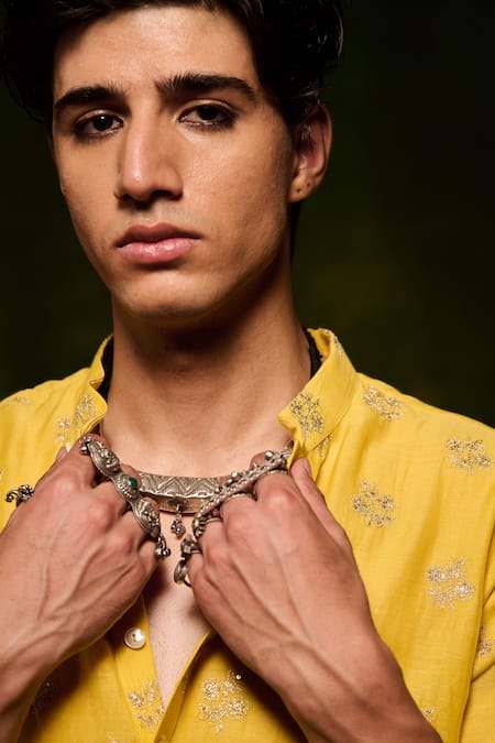 Shop_Nafs_Yellow Chanderi, Cotton Embroidery Hand Kurta With Pant _Online_at_Aza_Fashions