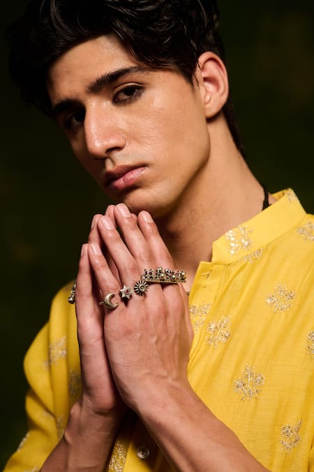 Nafs_Yellow Chanderi, Cotton Embroidery Hand Kurta With Pant _at_Aza_Fashions