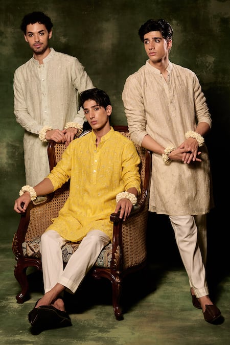 Nafs_Yellow Chanderi, Cotton, Maheshwari Zari Hand Embroidered Kurta And Pant Set _Online_at_Aza_Fashions